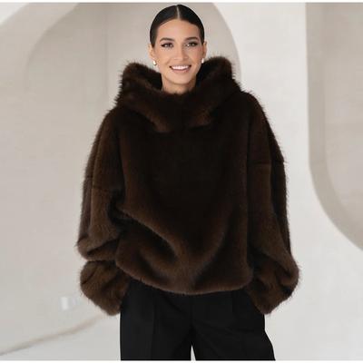 Künstlicher Nerzfleece Kapuzenpullover Weicher Damenpullover Mode Klassisch Brauner Nerzfleece Warmer und Vielseitiger Pullover für Herbst und Winter