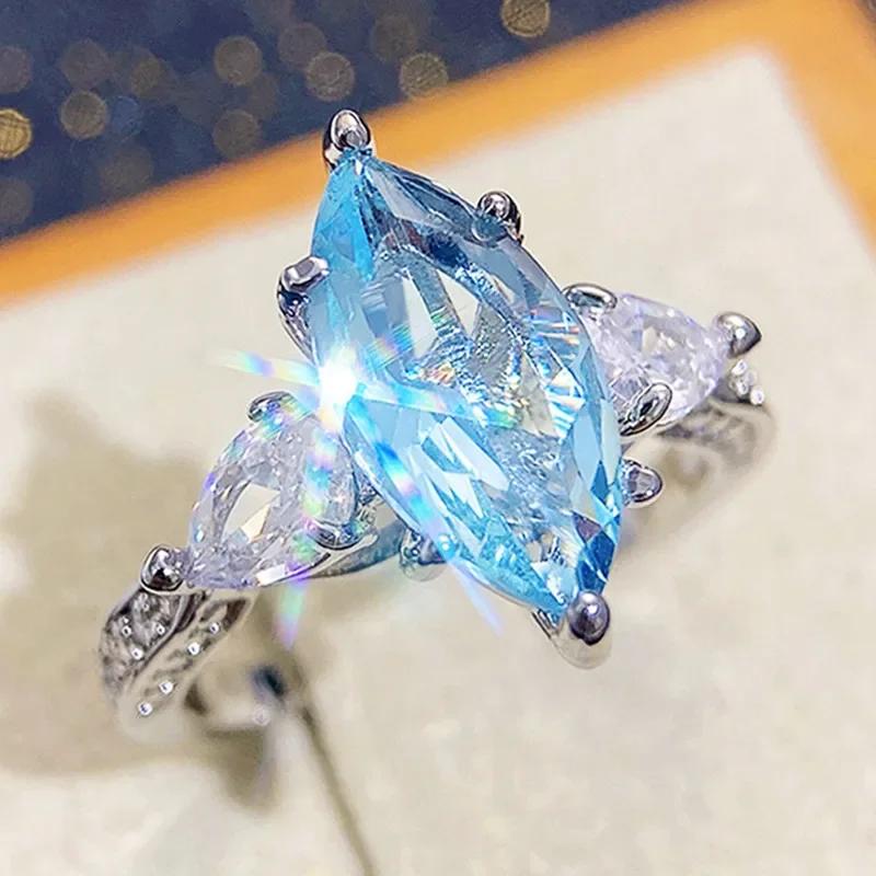 Bridal Wedding Love Water Drop Shining Design French Romantic Horse Eye Blue Zircon Ring Trendy Elegant Jewelry