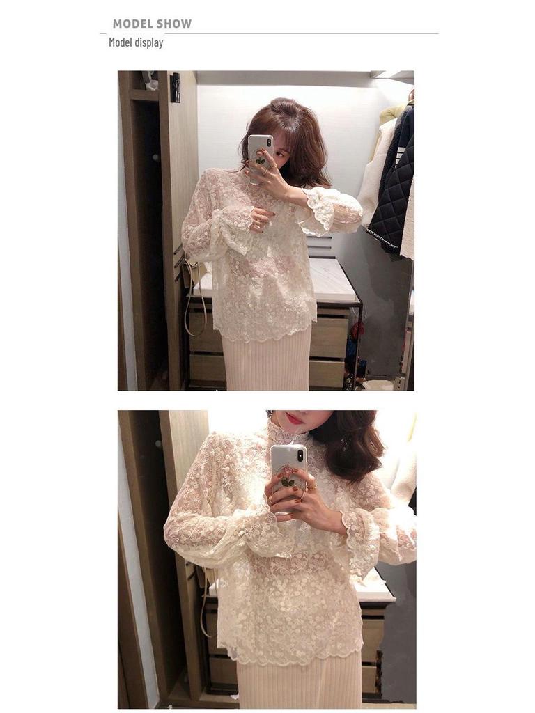 2026 Elegant Korean Style Women's Lace Mesh Top with Half-High Collar - Autumn/Winter Collection