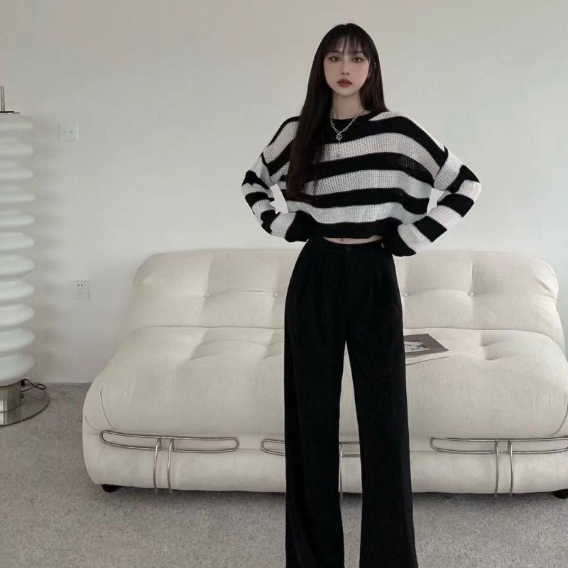 KOSY Striped Cropped Sweater Korean Style  Women Vintage Oversize Knit Jumper Female Autumn Long Sleeve O-neck Pullovers Tops