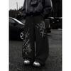 Schwarze Weite Hosen, Streetwear mit Dramatischen Weißen Flammenmustern, Lockerer Schnitt, Ganztägiger Komfort, Verbessern Sie Ihr City Fashion Game