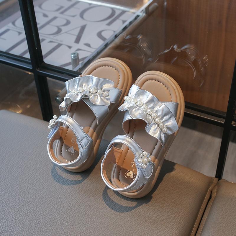 

New Summer Children s Pearl Sandals for Princess Sweet Ruffled Edge Girls School Sandals Open-toe Kids Beach Sandals 26