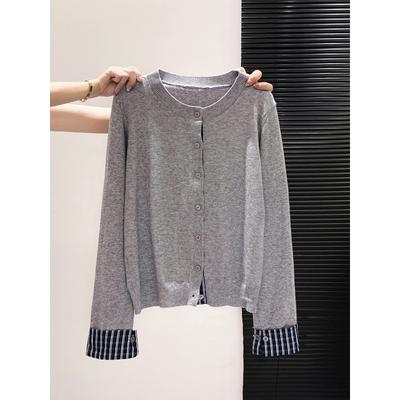 Plaid Splicing Single-breasted Cardigan Women's Spring and Autumn Fashionable Top Knitted Sweater Versatile Jacket