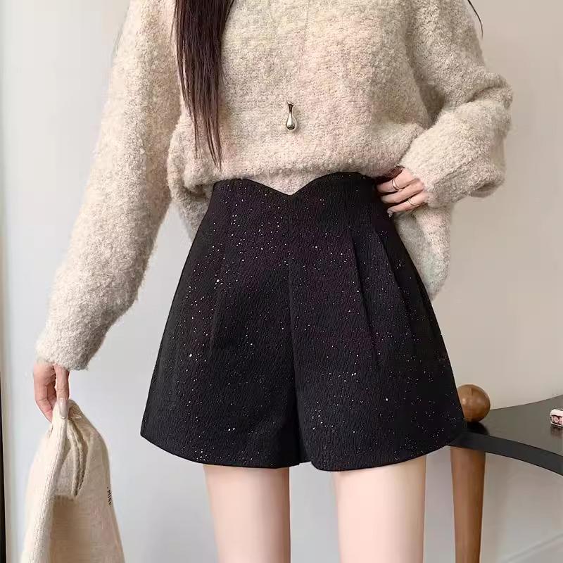 

Женские черные блестящие твидовые шорты А-силуэта с высокой посадкой для осени/зимы 3XL чёрный