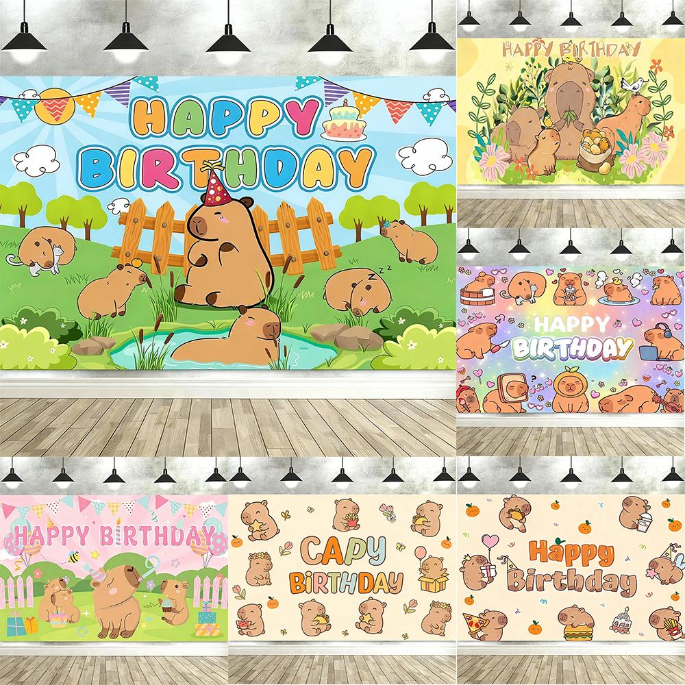 Sfondo di Buon Compleanno con Capibara Carino – Decorazione Animale Cartone Animato per Festa dei Bambini, Perfetto Sfondo Fotografico-Arazzo