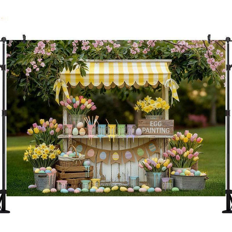 LS Photography Background Spring Easter Colorful Egg Brush Vine Flower Storage Rack Kids Family Portrait Backdrop Decor