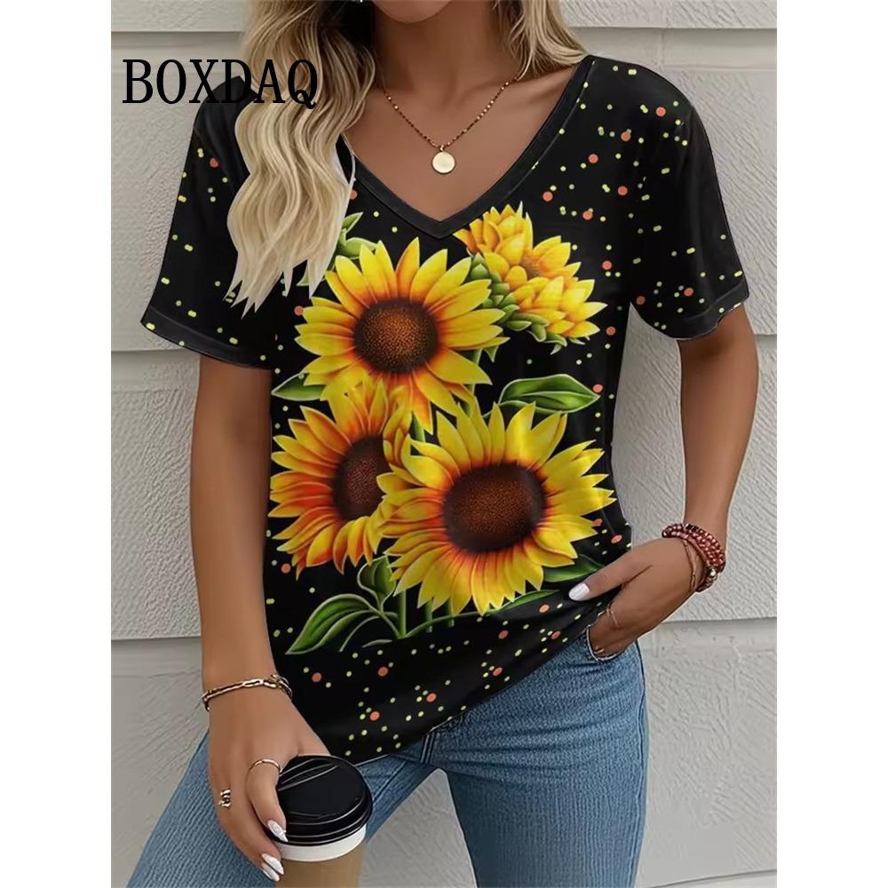 Summer retro floral T-shirt for women, tie dye 3D printed loose short sleeved shirt