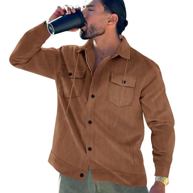 Herren Cord Knopf Jacke Langarm Gestreift Casual Vintage Doppel Tasche Werkzeug Top Hemd