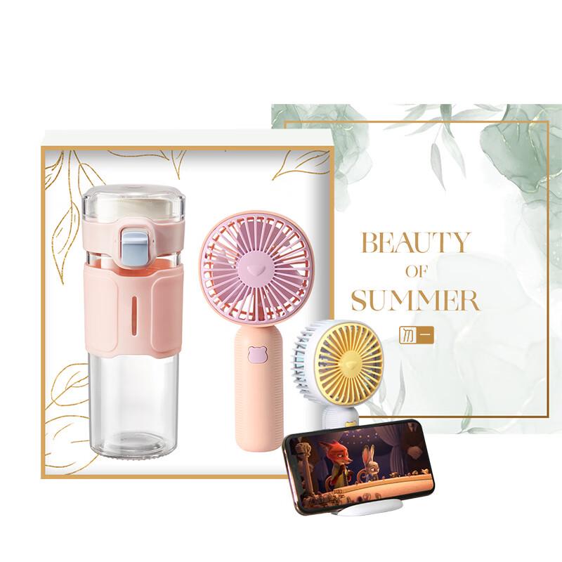 Peach Pink Glass Cup & Mini Fan Gift Set With Mini Fan Set