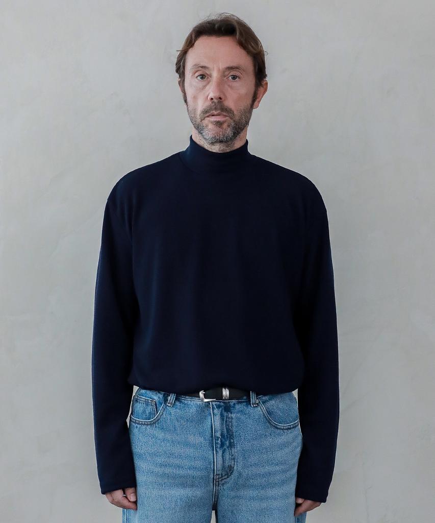 ESN Ribbed Half-Turtleneck Knit T-Shirt Navy