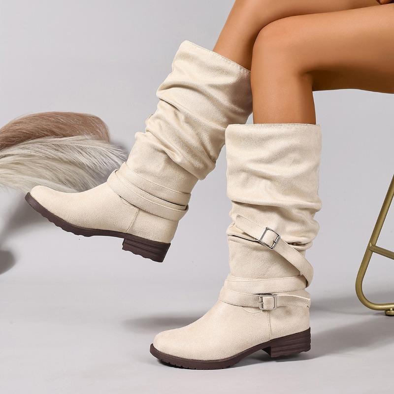 Women's Wide Width Suede Riding Boots, Chunky Heel Round Toe Knee High Boots, Buckle Detail Stacked Foldable Long Boots