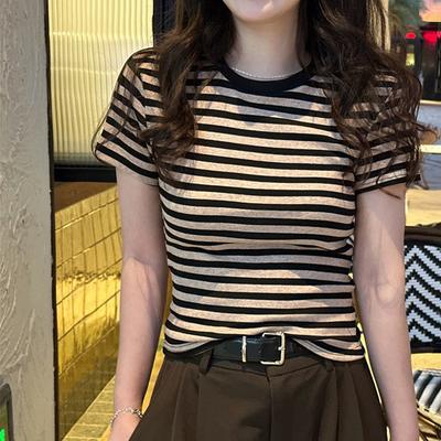 Hong Kong-style Retro Striped Shoulder T-shirt Women's Summer Chic Tight and Thin Shoulder Short-sleeved Small Hottie Top