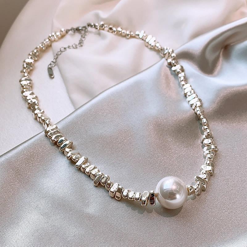 A Few Taels Of Broken Silver Imitation Pearl Geometric Irregular Chain Necklace Mori Fashion Temperament Collarbone Chain Simple Item Decoration