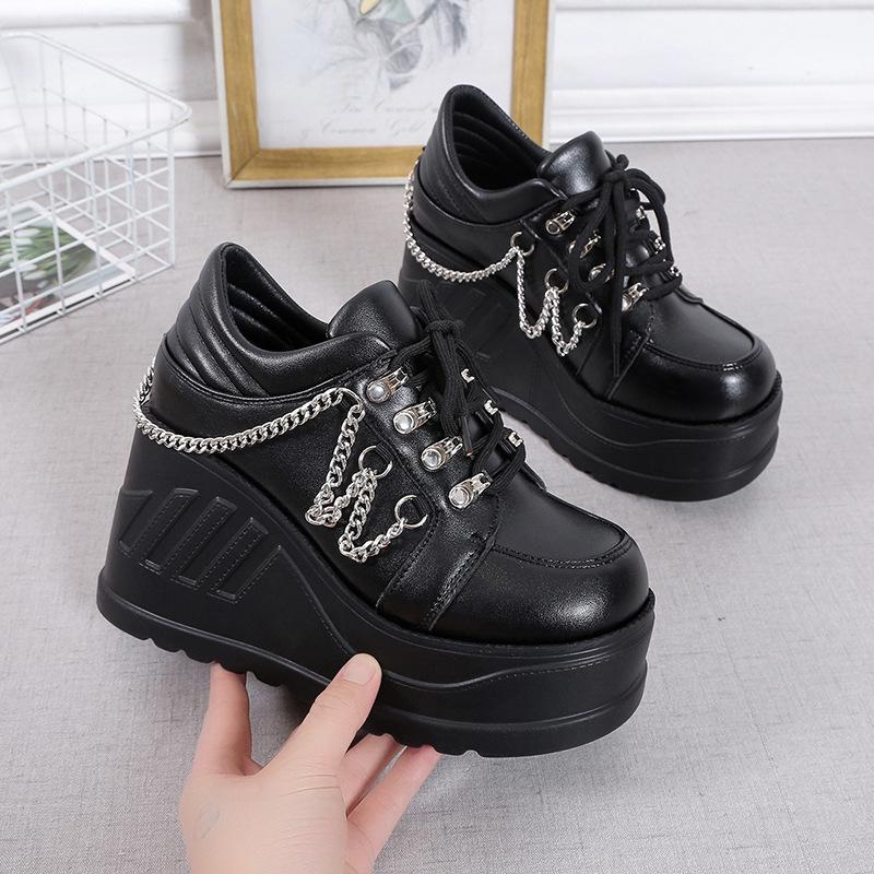 Increase the height of 9CM thick-soled punk women's single shoes, genuine leather, Spice Girl style, big round head women's shoes, large size 35-42