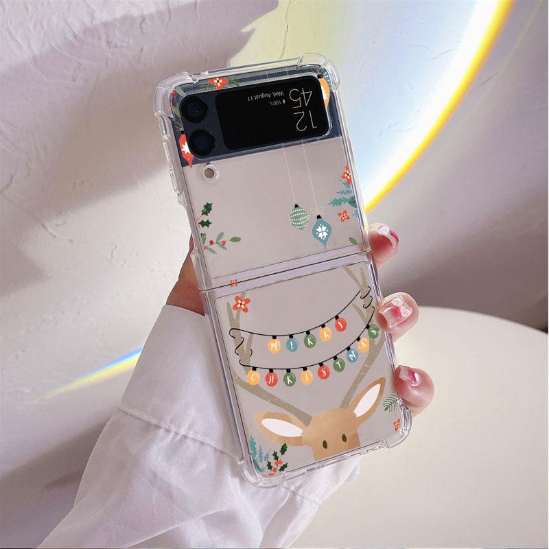 Christmas New Year Gifts Elk Snow Coque for Samsung Galaxy Z Flip 4 Z Flip 3 5G ZFlip4 ZFlip3 Flip4 Flip3 Clear TPU Case