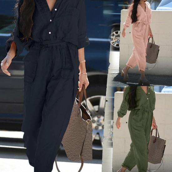 V-neck Buttons Closure Belt Women Jumpsuit Women Casual 3/4 Sleeve Solid Color Cargo Jumpsuit Ladies Outfit