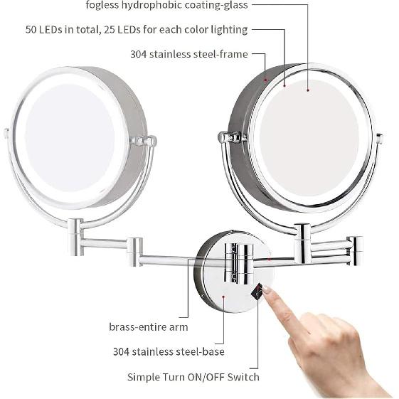 8.5 Inch Magnifying Makeup Mirror with LED Lights, Hard Wired Wall Mounted Adjustable Cosmetic Mirror, Brass Double Sided Vanity Mirror, Bathroom