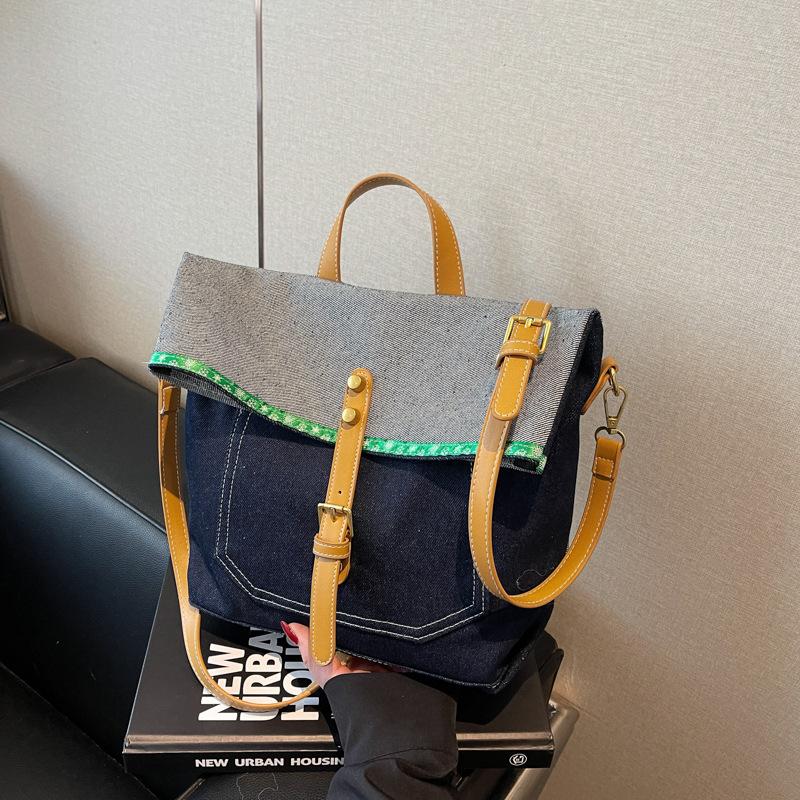 

Denim female college student class bag commuter tote bag new large capacity shoulder messenger bag темно-синий
