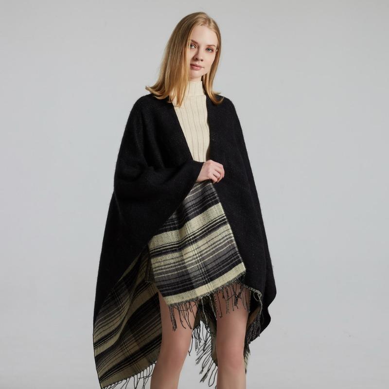 Scottish Classic Plaid Tassel Thick Warm Split Shawl Cape