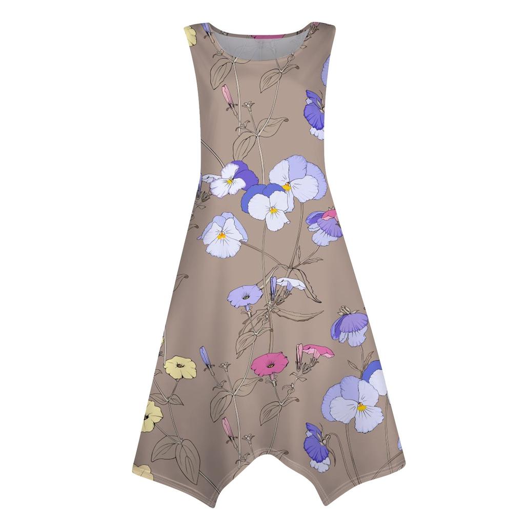 Women's Casual Fashion Round Neck Sleeveless Print Irregular Hem Midi Dress
