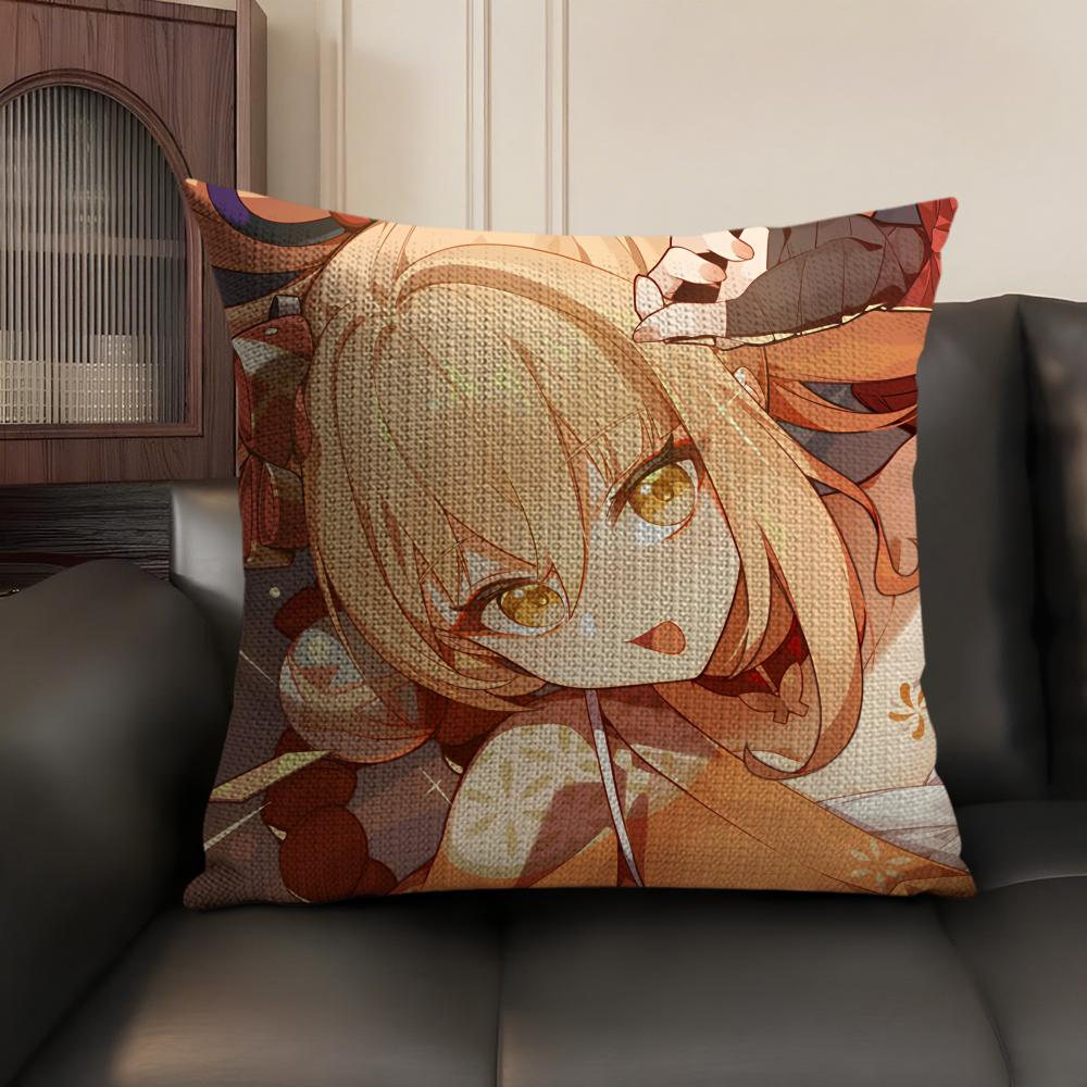 Yoimiya Genshin Impact Cute Cushion Cover Natural Linen Organic Fabric DoubleSided Printing Sofa Home Decor Gift Pillow Case