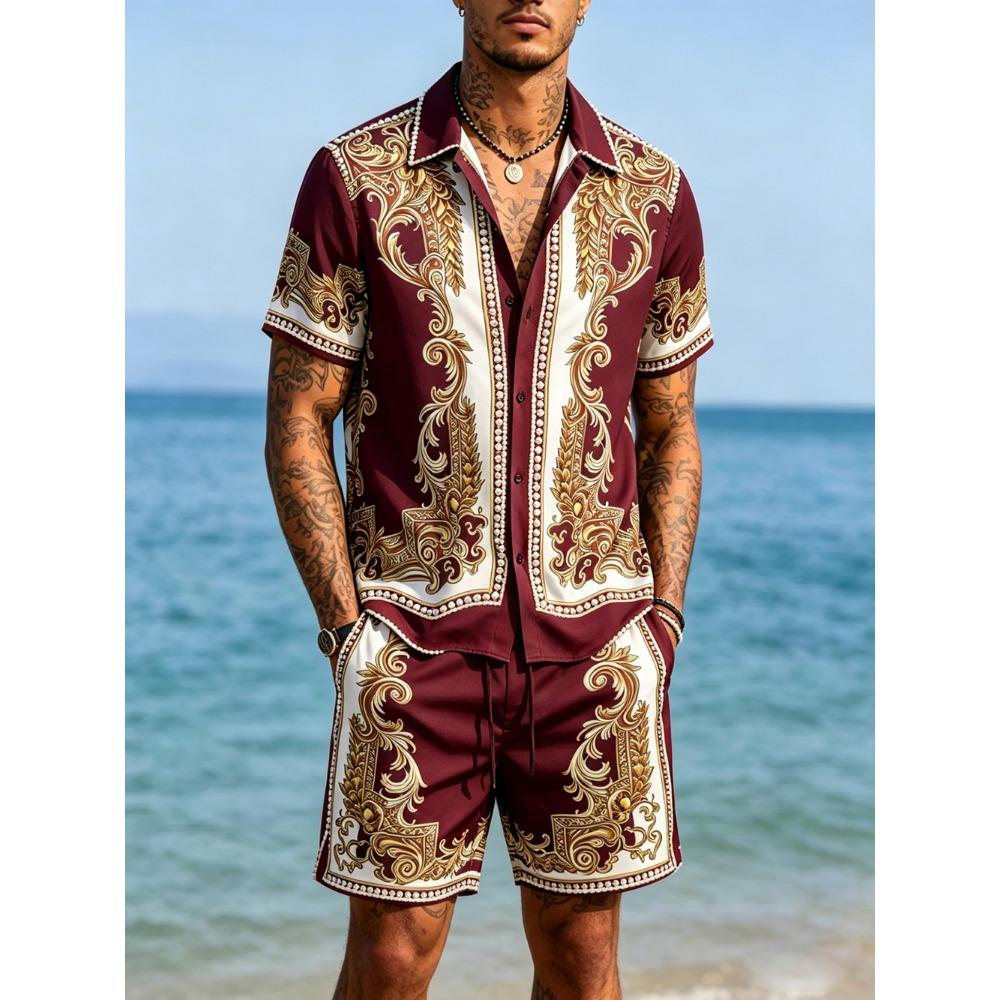 Men's New Summer Products, Light And Cool Short-sleeved Shorts Suit Natural Baroque 3D Printed Shirt, Casual Party Holiday Shirt