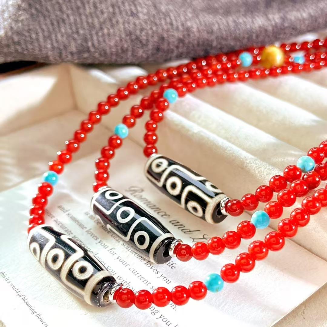 Retro Natural Chalcedony Agate Dzi Beads Collarbone Chain Necklace