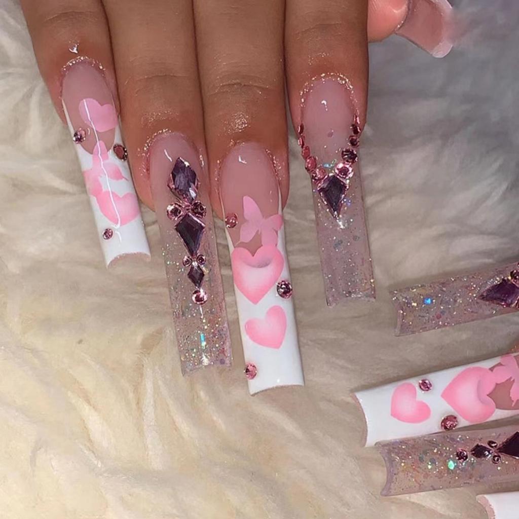 24Pcs Leopard Print Press On Nails With Bow Rhinestone Long Square French Fake Nail Tips