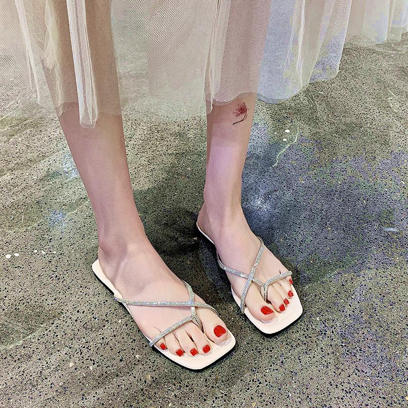 

Fashion Flat Shoes Summer New Square Toe Clip-Toe Crystal Slim Strap Anti-Slip Wear-Resistant Plus Size Roman Shoes 35