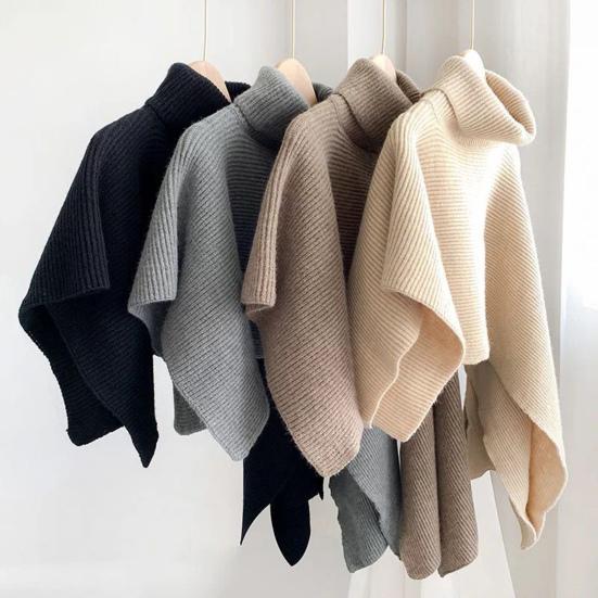 Cloak Scarf Women Solid Color Irregular Cut Cape Thickened Warm Knit Turtleneck Sweater Irregular Design Shawl Wrap