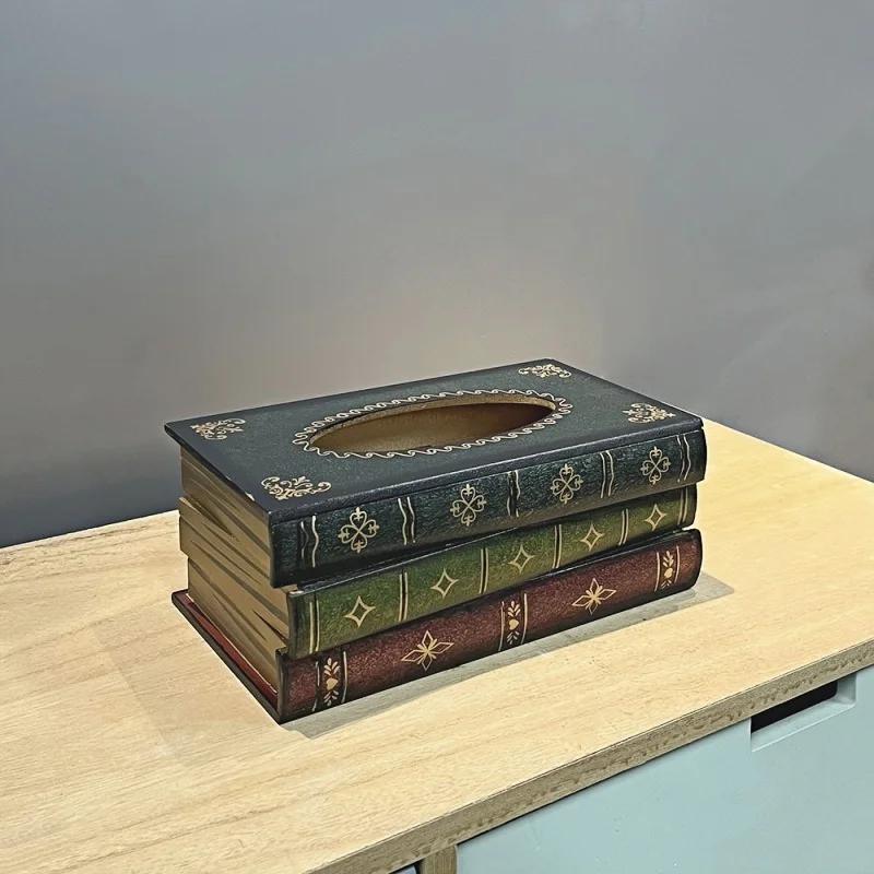 Exquisite Classical Vintage Wooden Book Tissue Box, Rectangular Napkin Holder Dispenser, Restaurant Tissue Storage Box Ornament