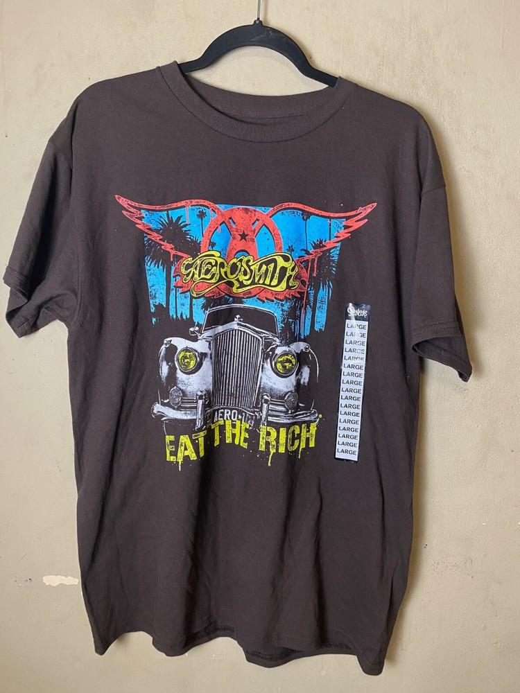 AEROSMITH  Eat the Rich  Men s Brown Graphic Tee SZ L Unisex T-Shirt S