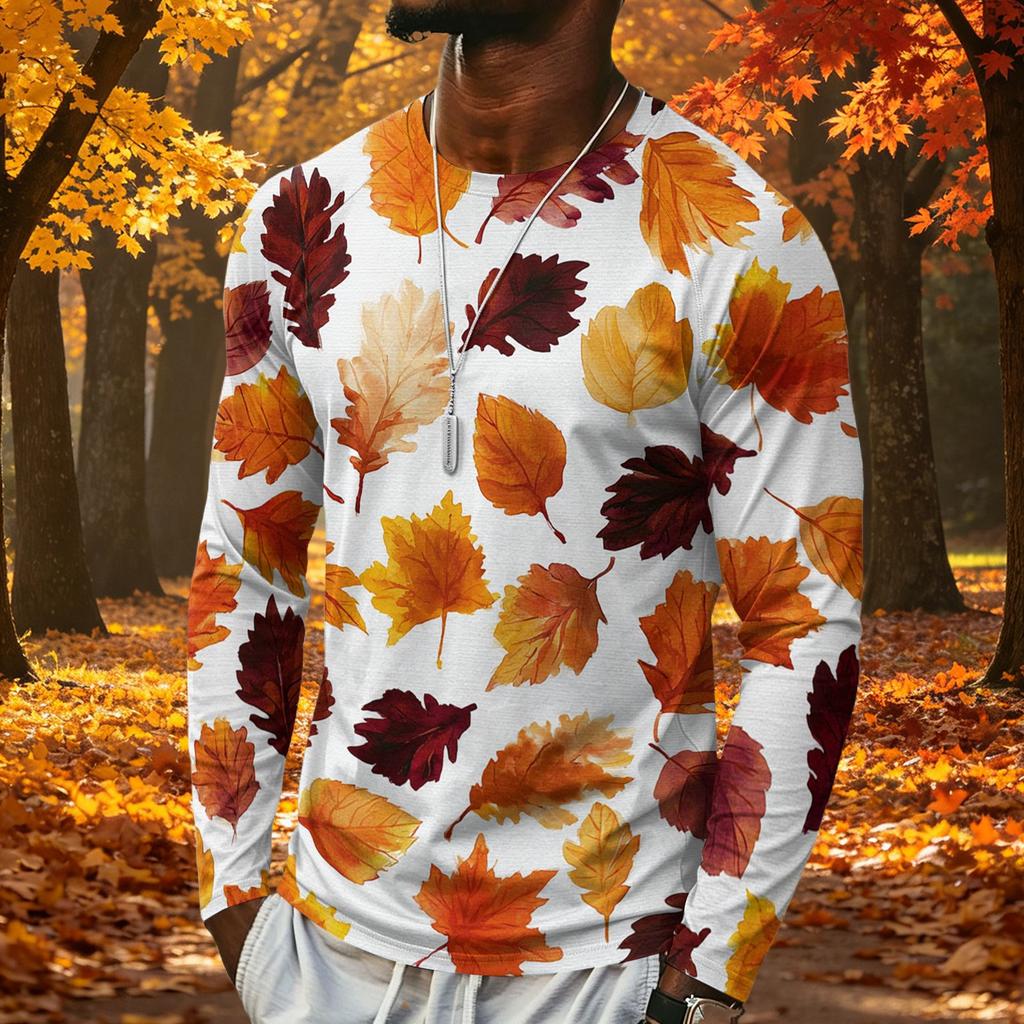 T-shirt da uomo a maniche lunghe con stampa di foglie d'acero, top casual leggero girocollo per autunno e inverno
