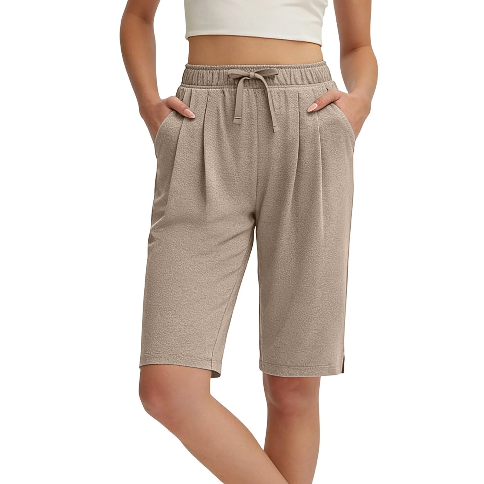 

Women s High Waist Casual Shorts with Pockets Split Hem Elastic Waistband Drawstring for Fitness and Leisure L хакі