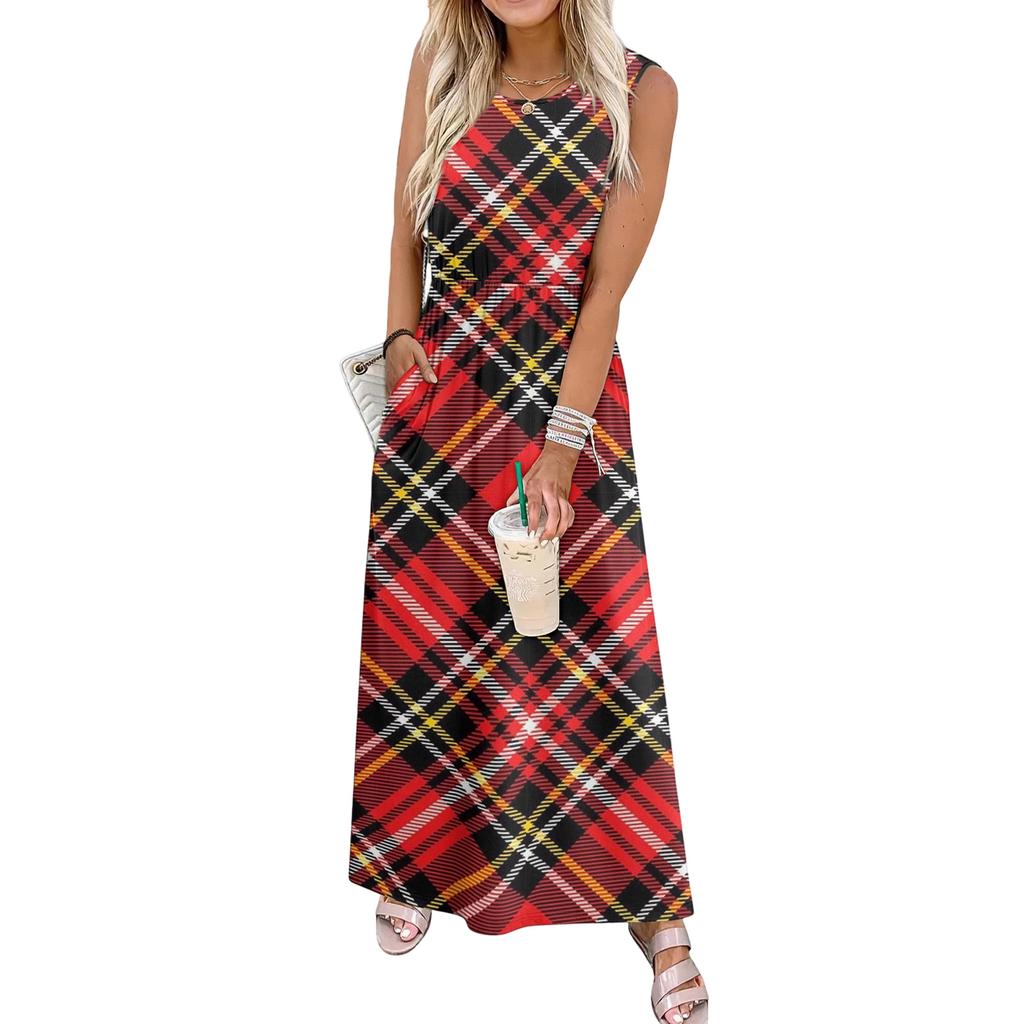 Ladies' Plaid Printed Casual and Fashionable Waist Cinched Sleeveless Dress