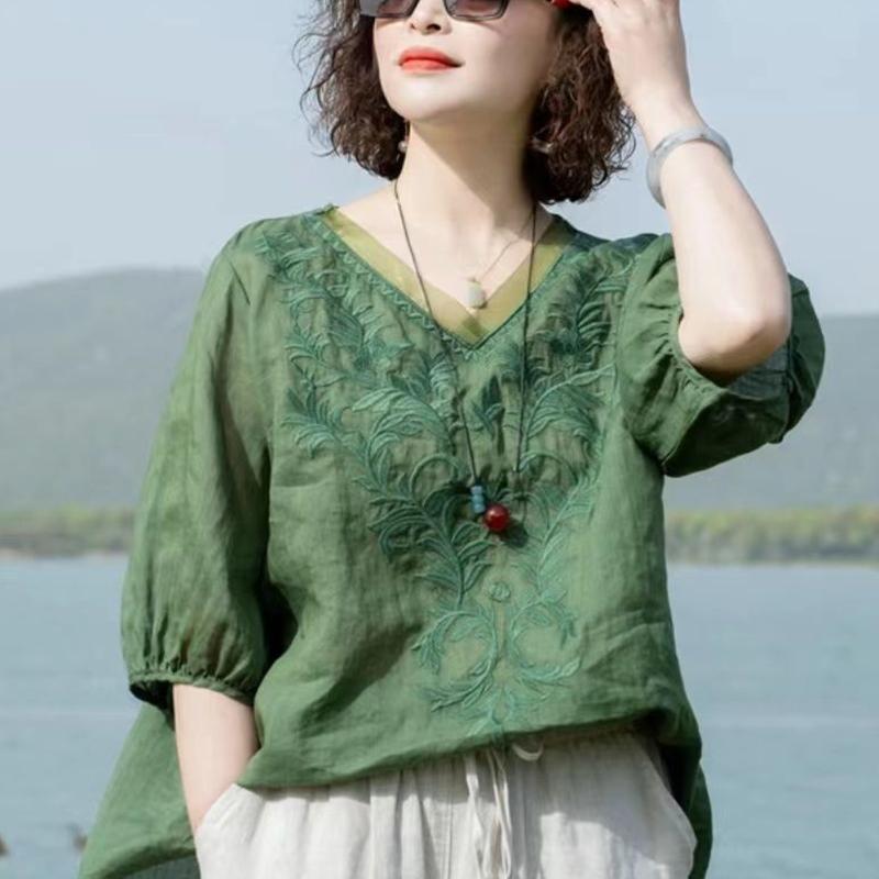 Summer Women's Literary Vintage Embroidery Cotton Linen Shirt Ladies Half Sleeve Loose Casual Blouse Women's Clothing Tops