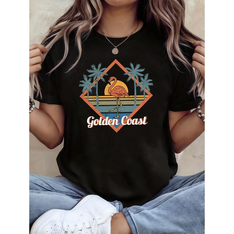 Golden Coast Flamingo Retro Print Womens Tshirt Beach Vacation Travel Outing Top Retro Vacation Style Short Sleeve Travel Vibe Tee S чёрный