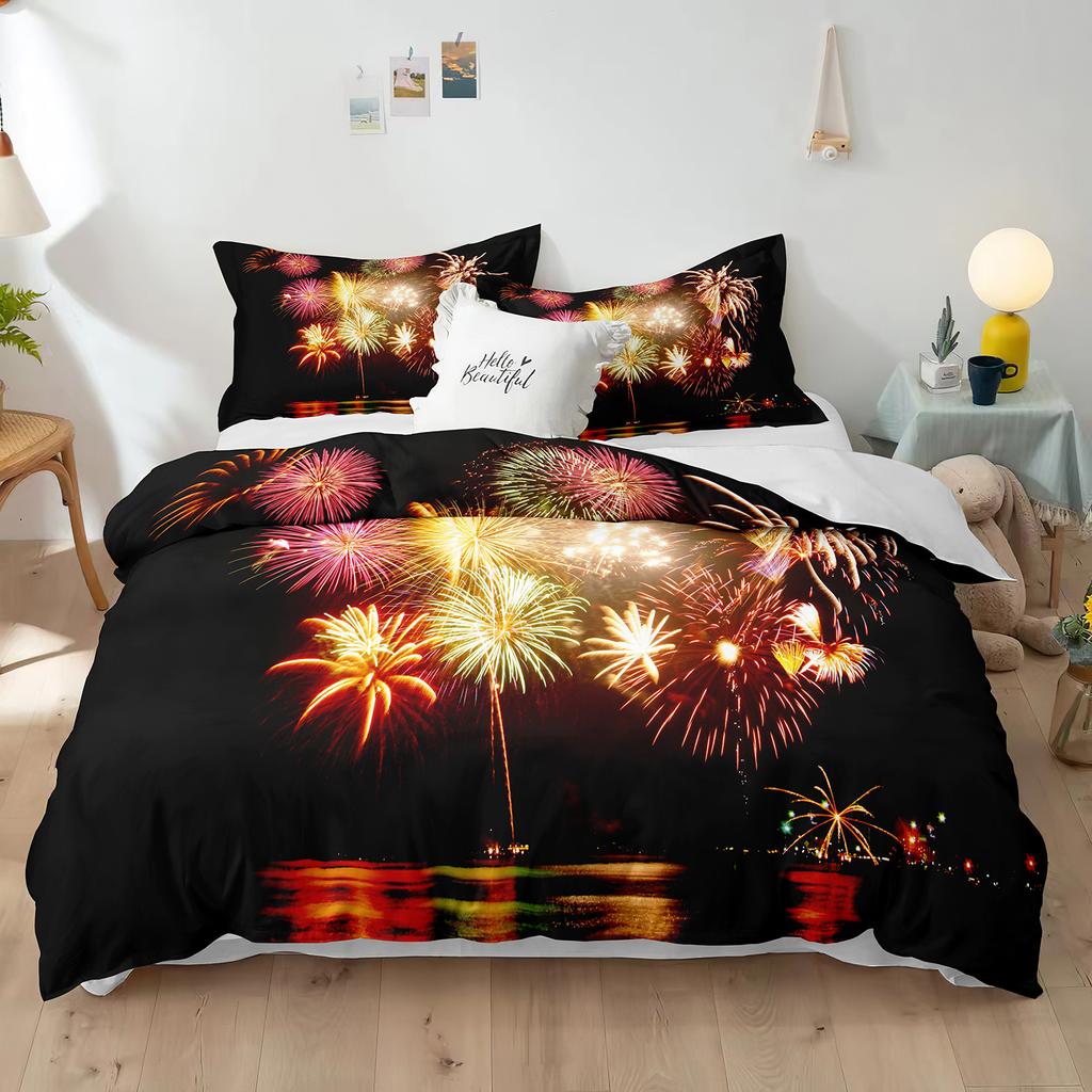 Blue Fireworks Duvet Cover Set 3D Romantic Theme Beautiful City Night New Year Festival Accessories for Kids Teens Bedroom Decor