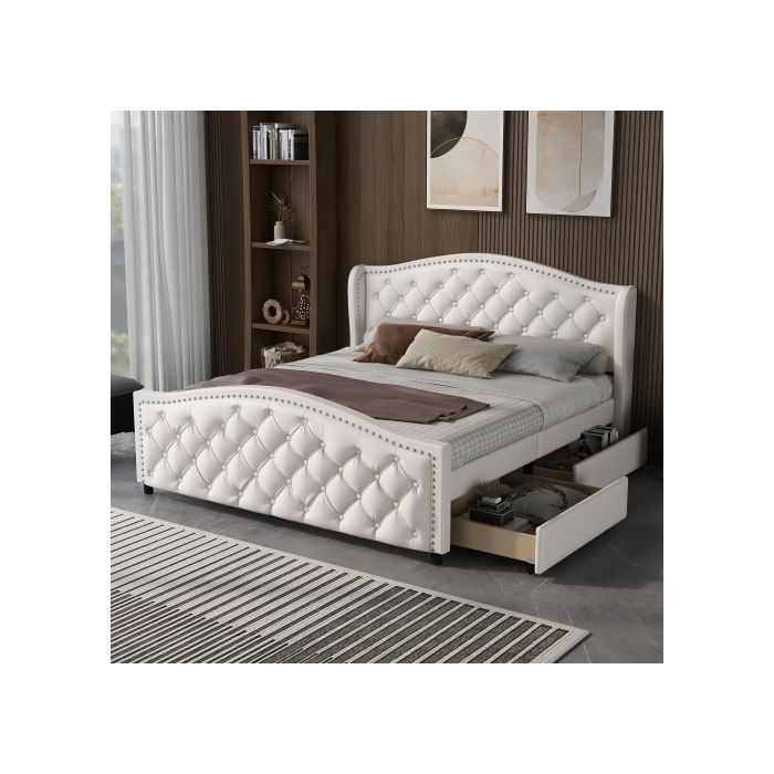 Lit capitonné - MUVOE - 160 x 200 cm - Bois massif - 2 tiroirs - Tête de lit haute