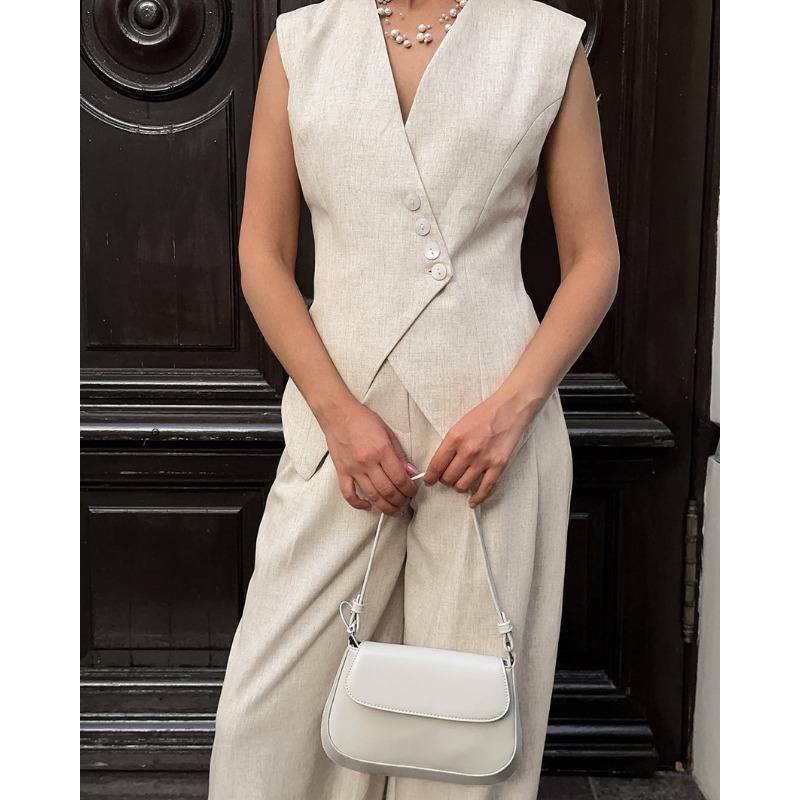 Women's Cotton and Hemp Fabric Set Commuting 2-piece Set V-neck Vest+Loose Wide Leg Pants New Fashion Spring Summer