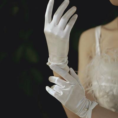 Lolita JK Satin Five Finger Korean Driving Mittens Pearl Women Wedding Gloves Full Finger Gloves