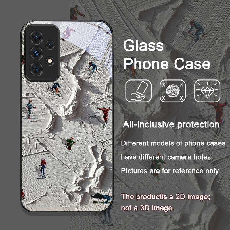 Oil Painting Art Snow Scenery Skiing Tempered Glass Phone Case for Samsung Galaxy A56 A72 A55 A54 A53 A52 A36 A15 A14 A13 Covers
