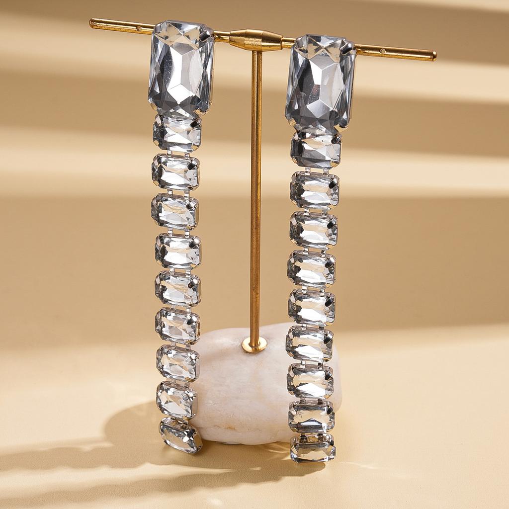 Light Luxury Acrylic Diamond-encrusted Rectangular Tassel Silver Needle Earrings Fashionable Long Temperament Earrings