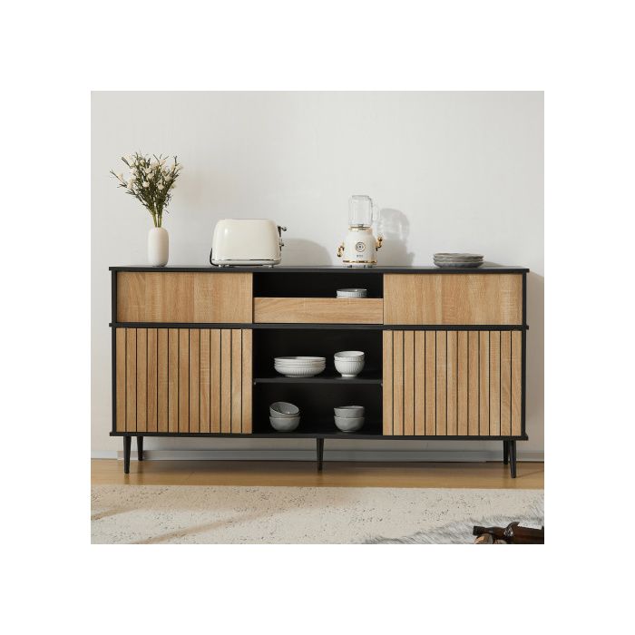 Commode - MUVOE - 4 portes coulissantes - Chêne et noir - 160 L x 40 P x 80 H - Contemporain