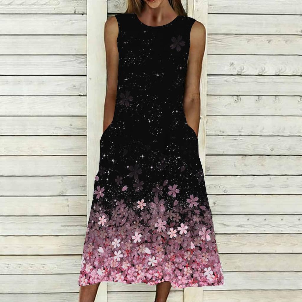 Women Plus Size Sleeveless Round Neck Dress Charming Floral Pattern Loose Mid Calf Gown