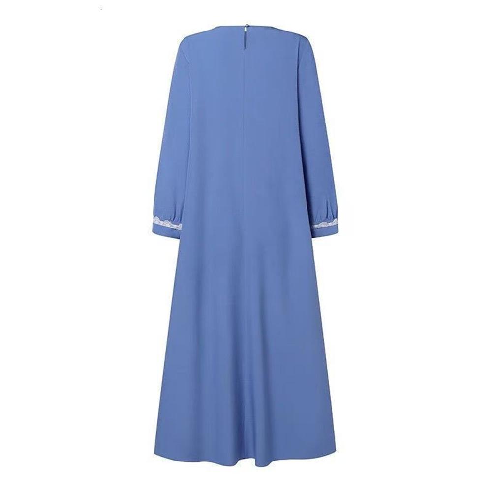 Muslim Women's Solid Color Lace Trim Casual Dress with Long Sleeves