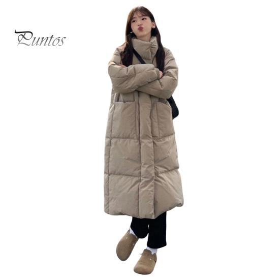 Solid Color Cotton Jacket Winter Down Coat Thickened Padded Stand Collar Neck Protection Knee Length Pockets Women Cold Weather Zipper Closure