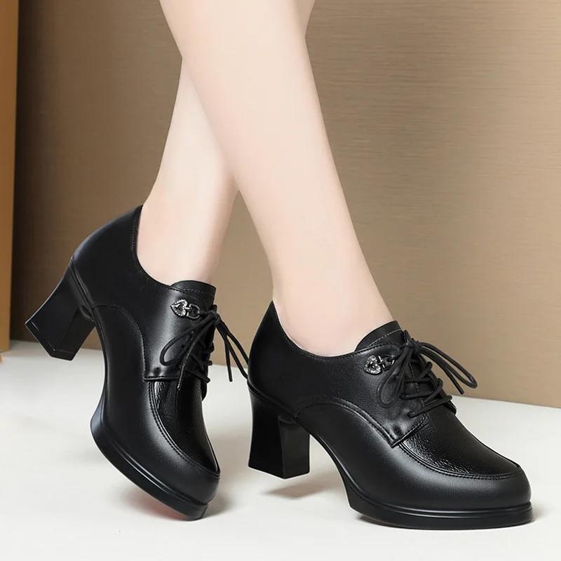 British Style Deep Mouth Soft Leather Oxford Shoes Women's Platform Pumps 2026 Spring Block High Heels Shoes for Office Mom