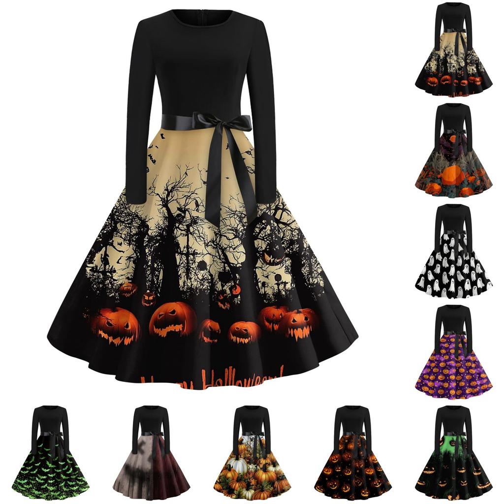 Women's Vintage Halloween Print Round Neck Casual Dress for Everyday Wear