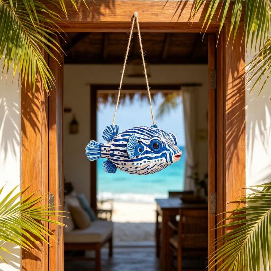 Ocean Theme Striped Puffer Fish Wall Decor Nautical Wooden Hanging Sign with Hemp Rope Decorative Beach Pendant for Beach House